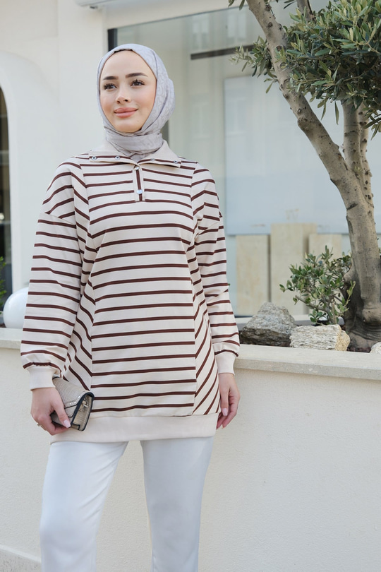 Önü Çıt Çıtlı Çizgili Sweat Kahverengi