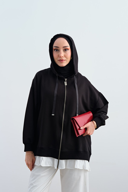 Etek Ve Fırfır Detay Çift Renk Sweatshirt Siyah