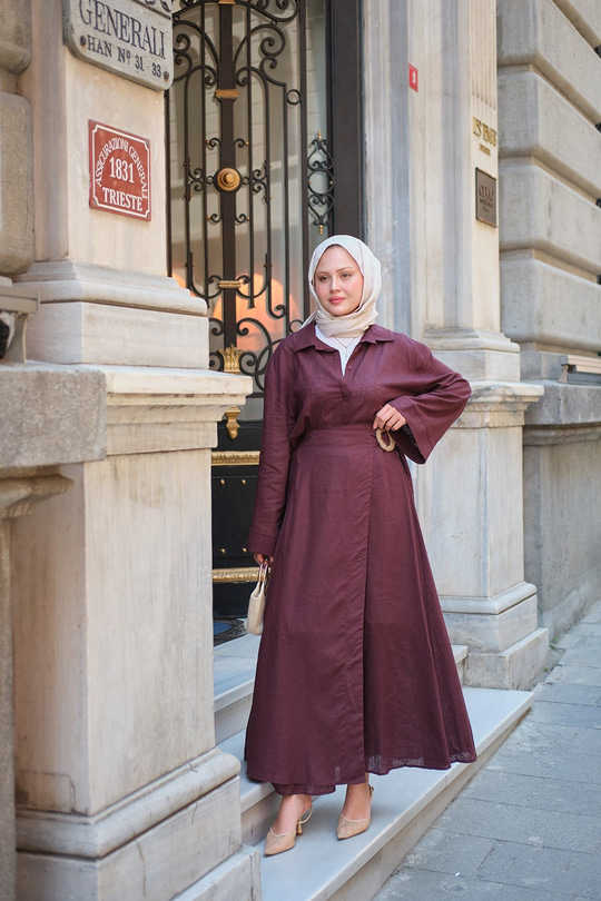 Gizli Düğme Detaylı Hasır Bronşlu Takım Bordo
