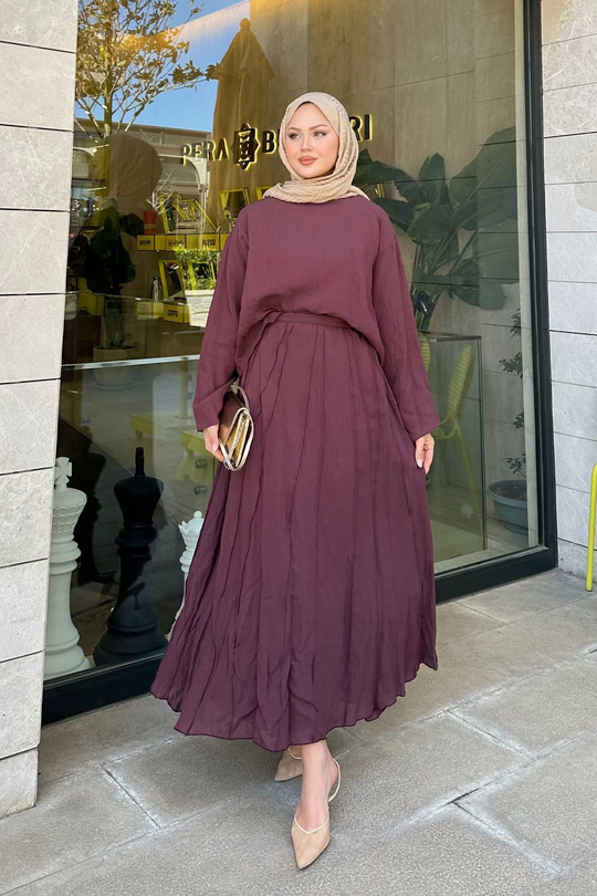 Kendinden Desenli İkili Takım Mürdüm