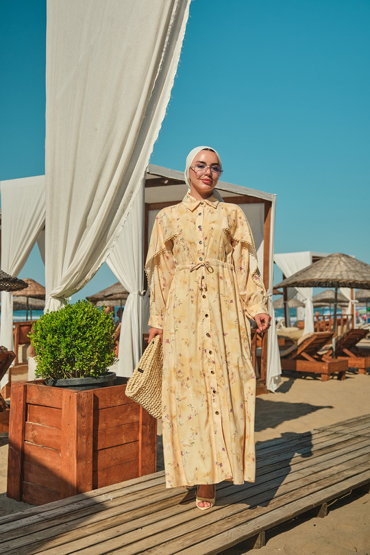 Kolu Dantel Detay Boydan Düğmeli Bel Bağlamalı İç Astarlı Elbise Sarı