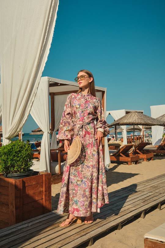 Çiçek Desen Düğmeli Ve Bel Bağlamalı Elbise Pembe