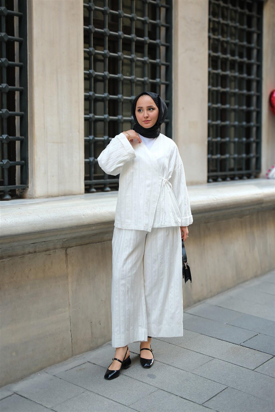 Badem Dikişli Kimono Takım Beyaz