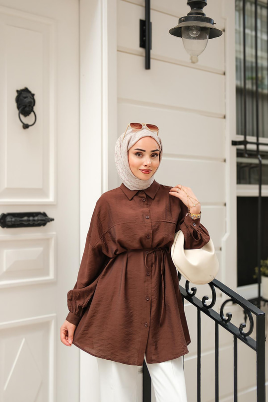 Bağlamalı İpek Gömlek Kahverengi