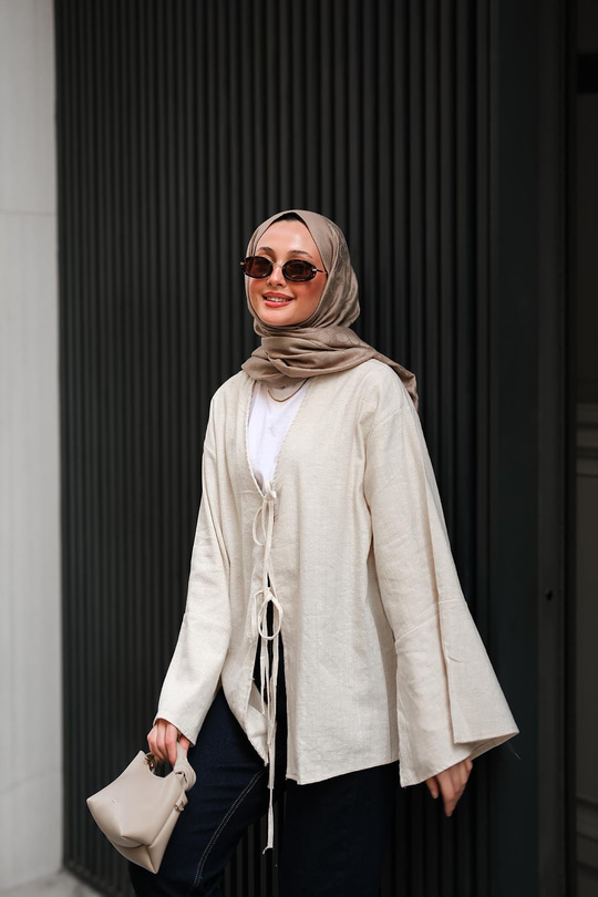 Bağlamalı Keten Gömlek Krem