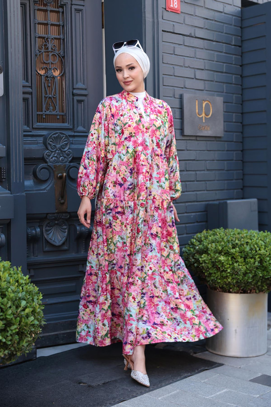 Bahar Desenli Elbise Fuşya