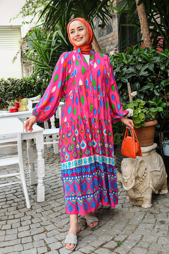 Baklava Desen Elbise Fuşya