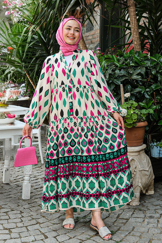 Baklava Desen Elbise Krem