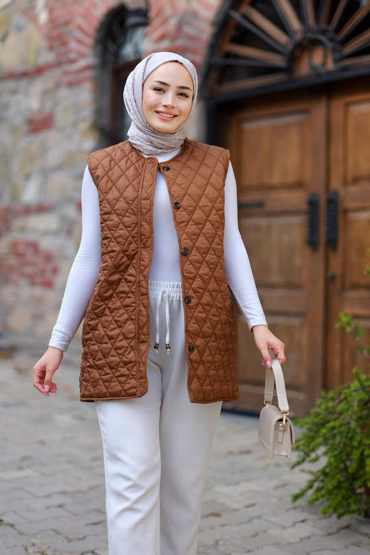 Baklava Desen İnce Yelek Taba