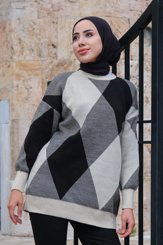 Baklava Desen Triko Kazak Krem