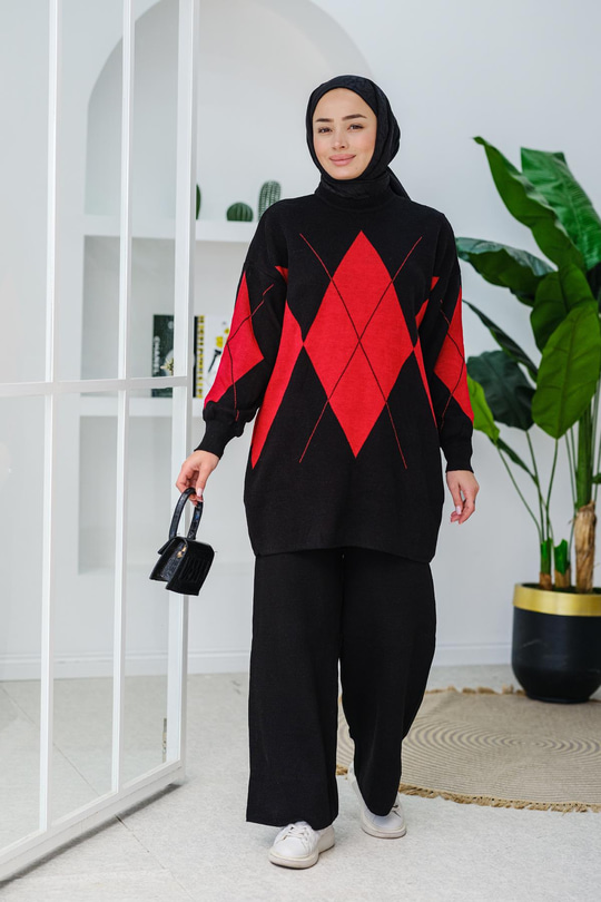 Baklava Desen Triko Takım Kırmızı