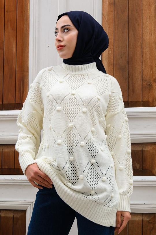 Baklava Desenli Triko Kazak Beyaz