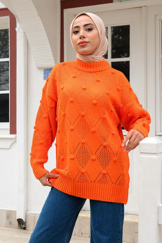 Baklava Desenli Triko Kazak Turuncu