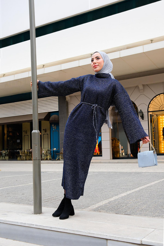 Balıkçı Yaka Simli  Triko Elbise Lacivert