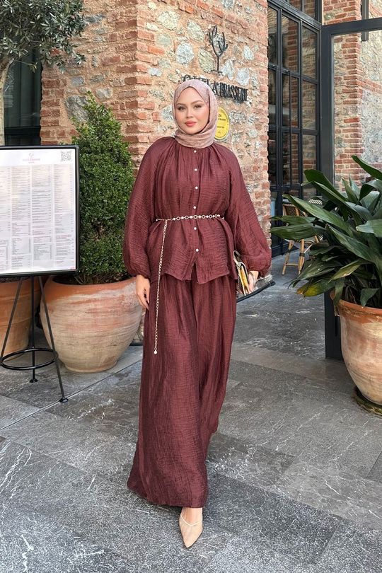Balon Kol İnci Düğmeli Aksesuarlı Pantolonlu Takım Bordo