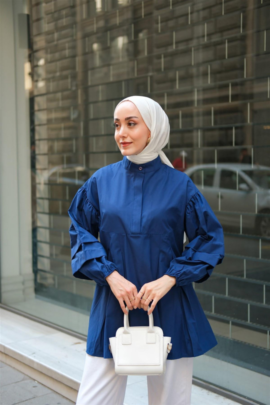 Balon Kol Pile Detaylı Tunik  Lacivert