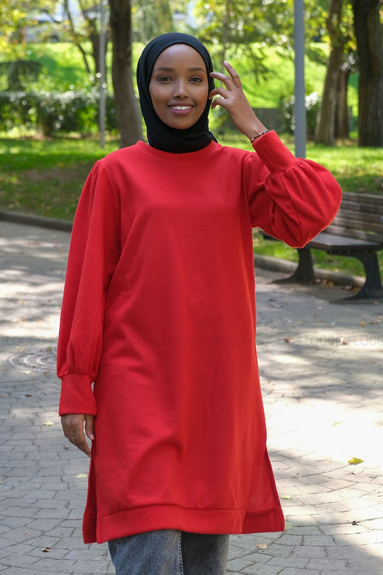 Uygun Fiyatlı BALON KOL SELANIK TUNIK KIRMIZI | Loccomoda.com 