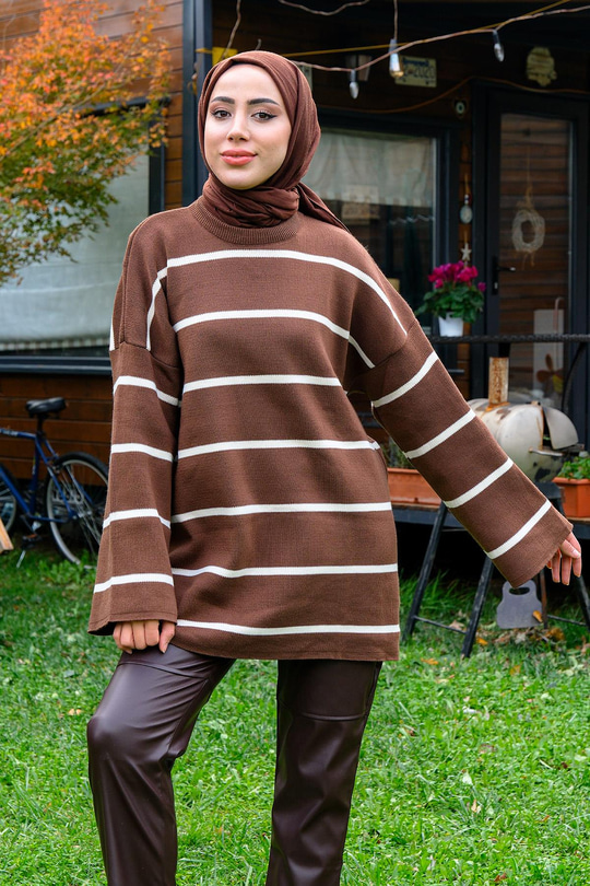 Basic Çizgili Triko Kazak  Acı Kahve