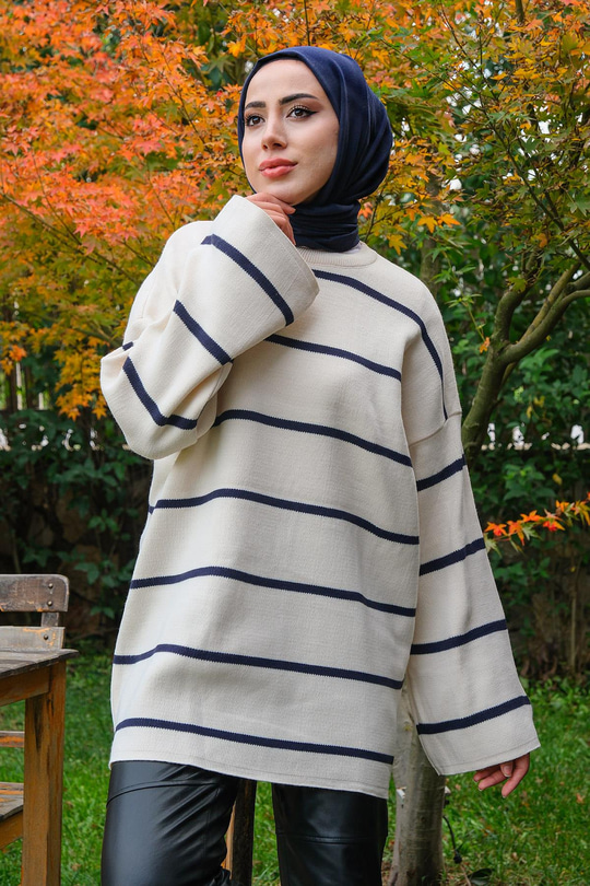 Basic Çizgili Triko Kazak  Lacivert-Beyaz