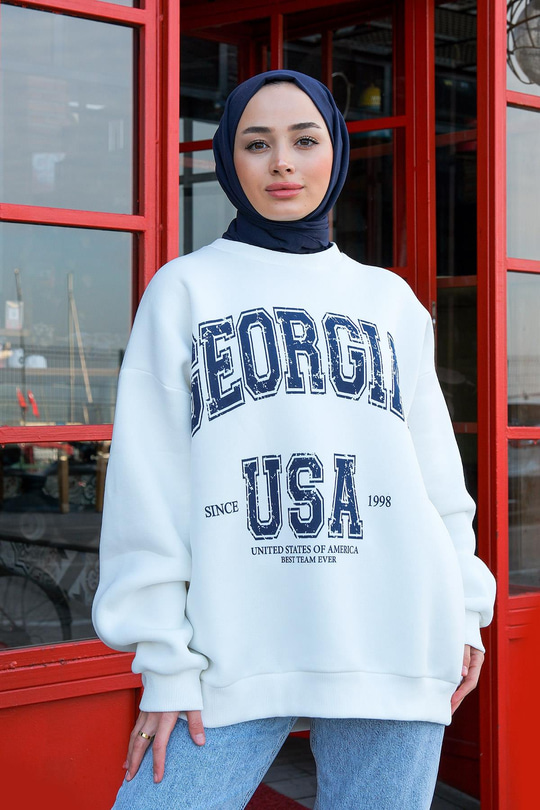 Baskılı Oversize Sweat Beyaz