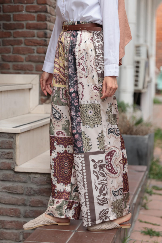 Baskılı Saten Pantolon Kahverengi