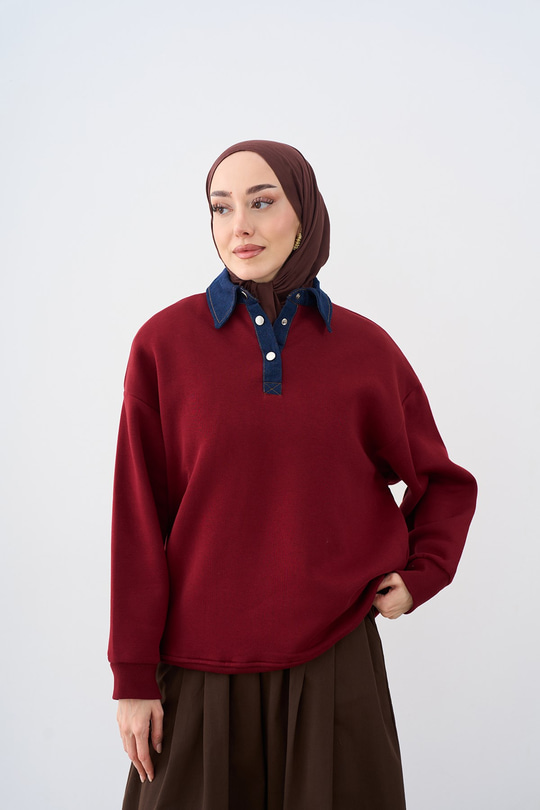 Yakası Kot Detay Sweat Bordo