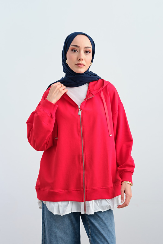 Etek Ve Fırfır Detay Çift Renk Sweatshirt Kırmızı