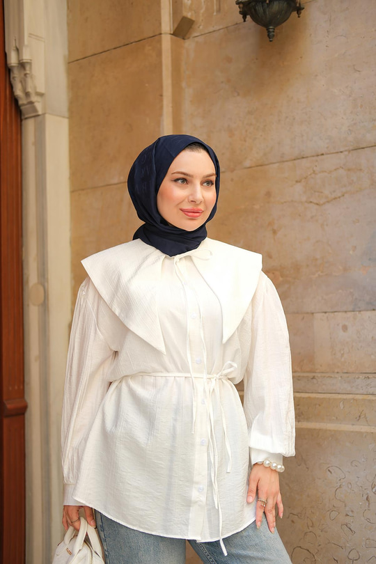 Bebe Yaka Bel Bağlamalı Gömlek Beyaz
