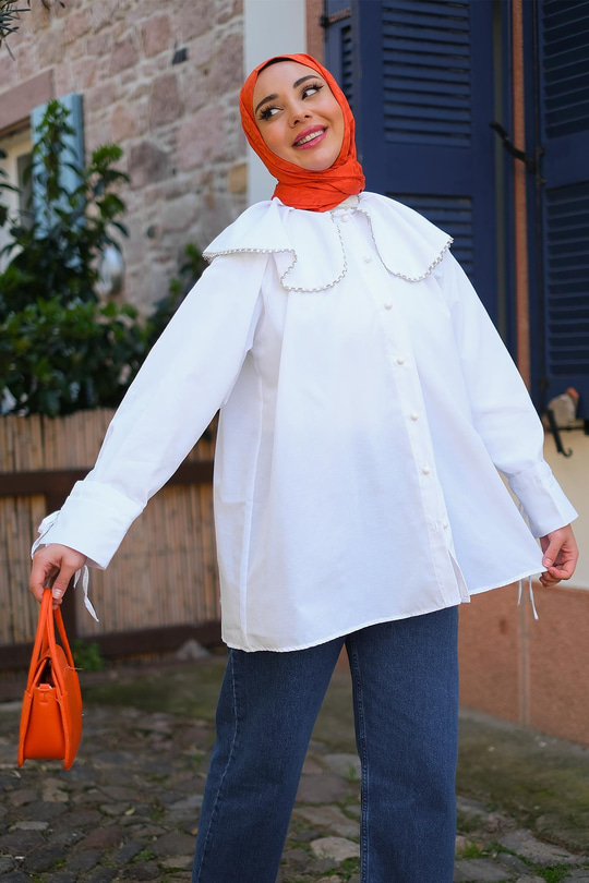 Bebe Yaka Bocuk Detay Gömlek Beyaz