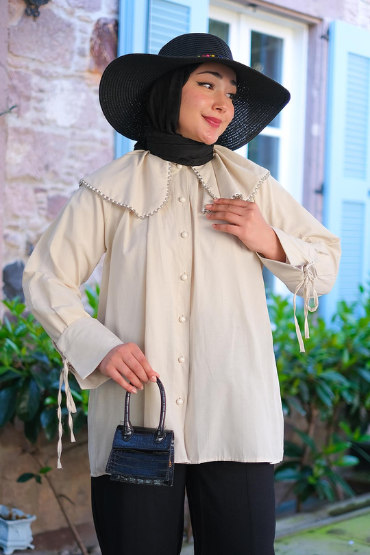 Bebe Yaka Bocuk Detay Gömlek Krem