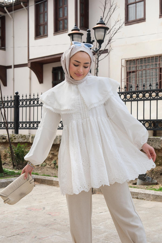 Bebe Yaka Dantel Detay Gömlek Beyaz