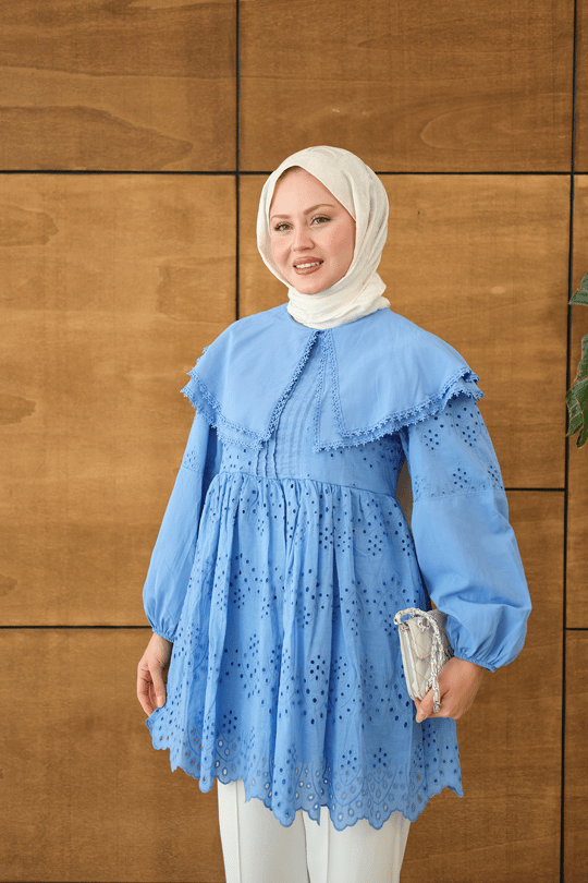 Bebe Yaka Dantel Detay Gömlek Mavi