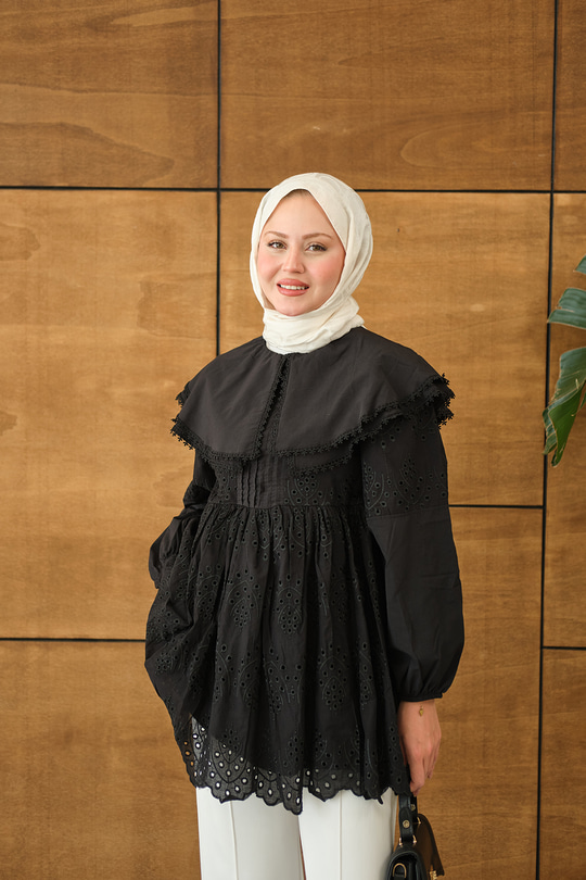 Bebe Yaka Dantel Detay Gömlek Siyah