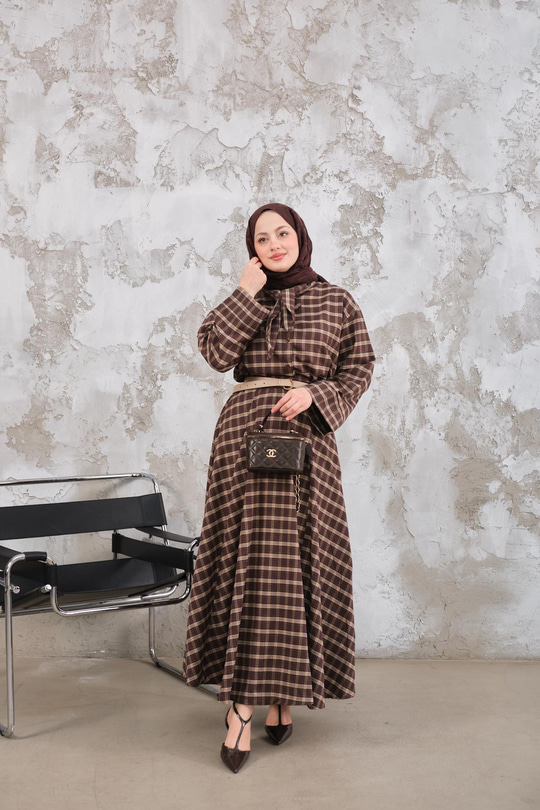 Bebe Yaka Ekose Desen Etekli Takım Kahverengi