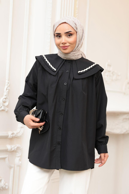 Bebe Yaka Şerit Detaylı Gömlek Siyah