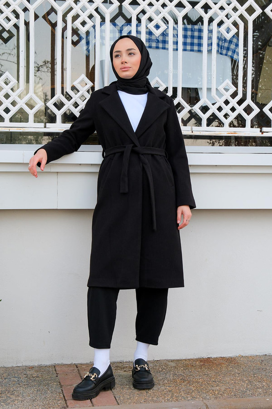 Bel Bağlamalı Astarlı Kaşe Siyah