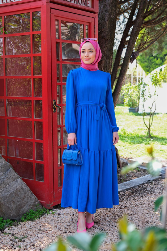 BEL BAGLAMALI BALON KOL ELBISE SAX MAVI