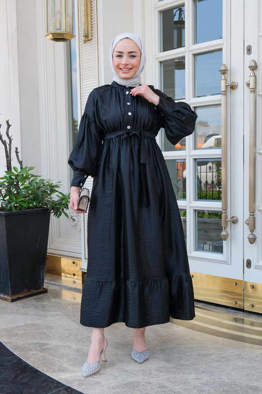 Bel Bağlamalı Balon Kol Elbise  Siyah