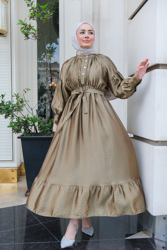 Bel Bağlamalı Balon Kol Elbise  Yağ Yeşil