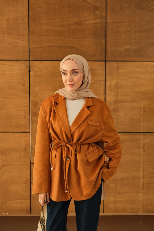 Bel Bağlamalı Blazer Süet Ceket Taba