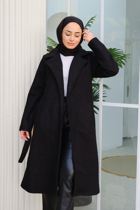 Bel Bağlamalı Bukle Kaban Siyah