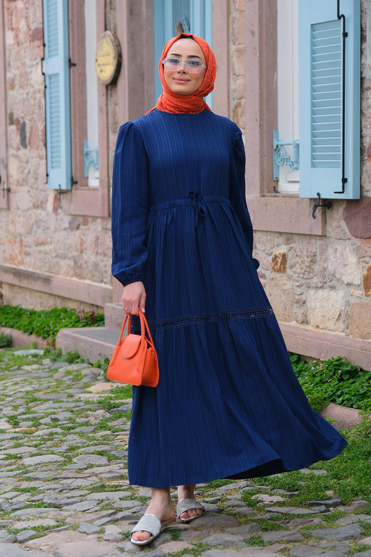 BEL BAGLAMALI DANTEL DETAY ELBISE  Lacivert