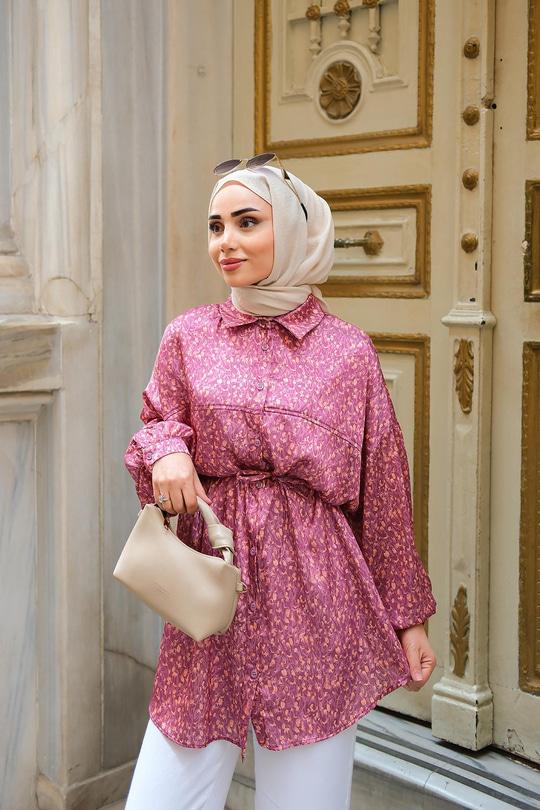 Bel Bağlamalı Desenli Gömlek Fuşya