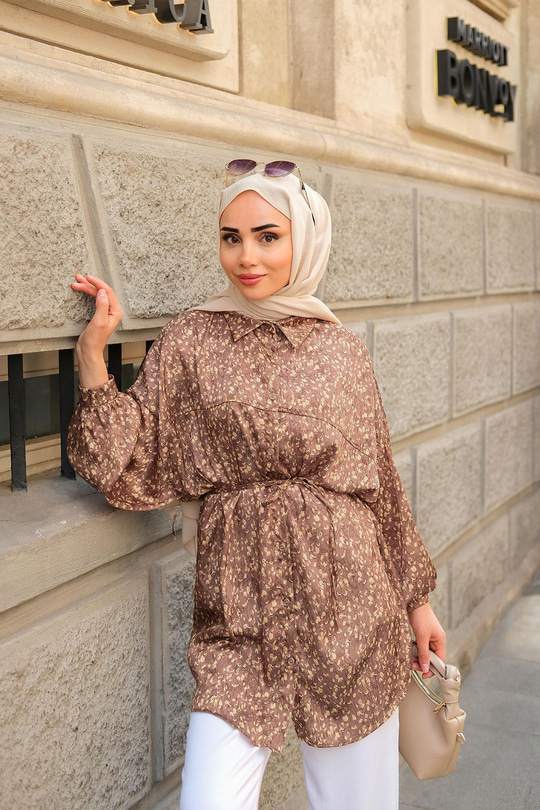 Bel Bağlamalı Desenli Gömlek Kahverengi