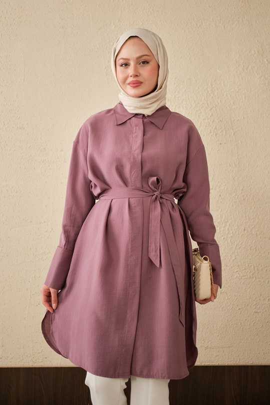 Bel Bağlamalı Gizli Düğmeli Uzun Gömlek Mürdüm