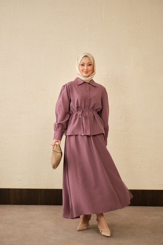 Bel Bağlamalı Gömlek Takım Mürdüm