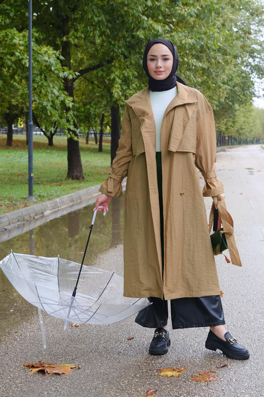 Bel Bağlamalı İki Parça Trenç Vizon