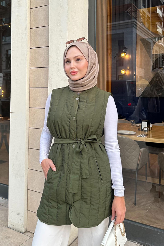 Bel Bağlamalı İnce Yelek  Haki Yeşil