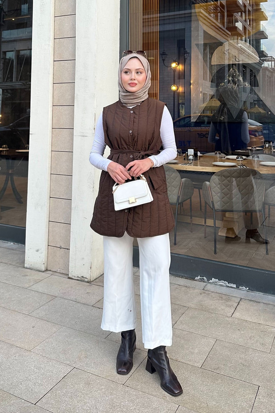 Bel Bağlamalı İnce Yelek Kahverengi