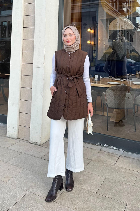 Bel Bağlamalı İnce Yelek  Kahverengi